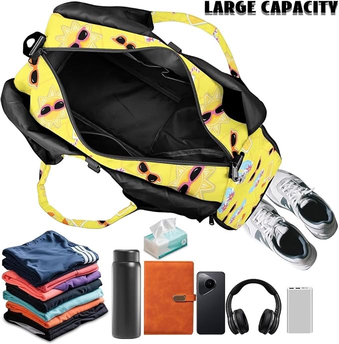 Cute Avocado Print Sports Bag with Shoe Compartment, Lightweight Yellow Duffel Bag with Yoga Holder Pockets Fitness Workout Multi-Functional Black Gym Bag with Wet Pockets