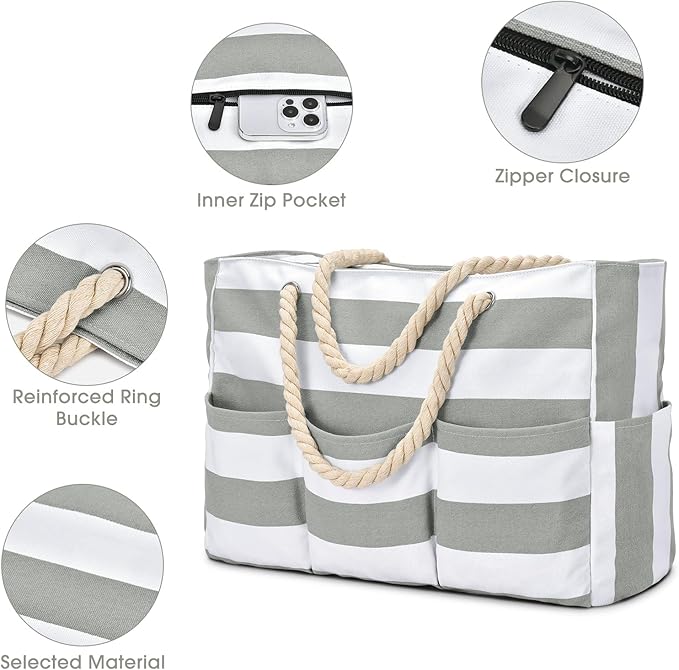 Becokan Beach Bags for Women Canvas Large Beach Tote Bag Zipper Waterproof Sandproof Foldable Swim Pool Bag with 7 Pockets