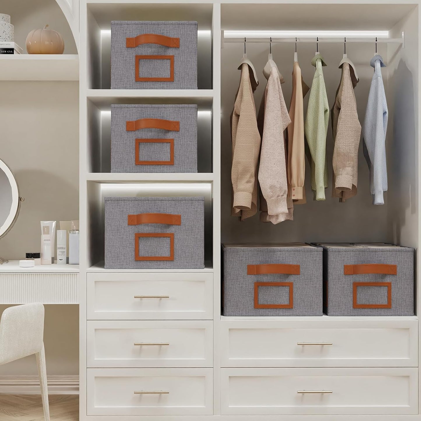 OUTBROS Foldable Storage Box for Shelves, 15 x 10.2 x 7.9 inch Fabric Baskets, Wardrobe Organiser with Handles, Suitable for Storing Clothes, Books, Cosmetics (Gray, 3-Pack)