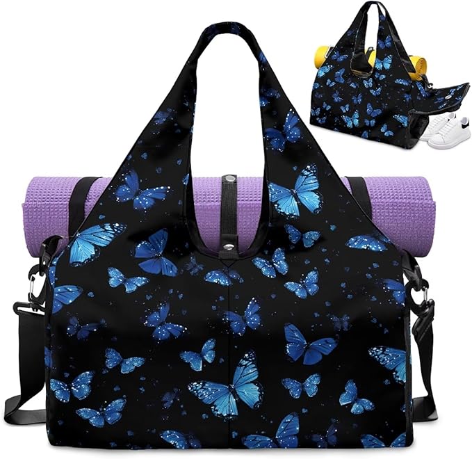 Blue Butterfly Small Gym Bag for Women Travel Duffel Bag with Shoe Compartment Decorative Tote Bags for Yoga, Sports, Hospital, Overnight, Weekender Organizer, Black