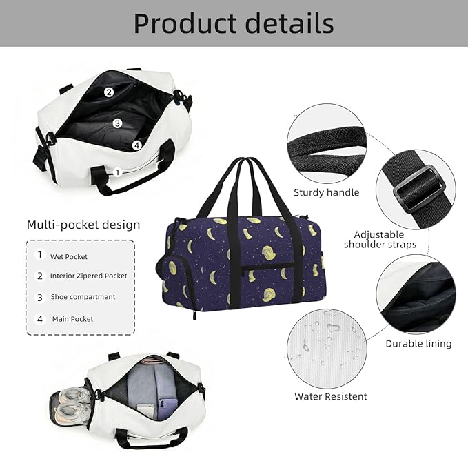 Sky with Moons Stars Print Gym Bag with Shoe Compartment for Women Men, 17.7in Sports Duffle Weekender Tote, Overnight Travel Duffel Bag Carry On