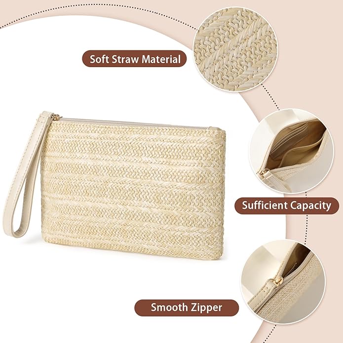 Clothirily Straw Purse Bag for Women Bohemian Handbag with Zipper Wristlet, Beach Clutch Womens Straw Clutch Purse for Summer