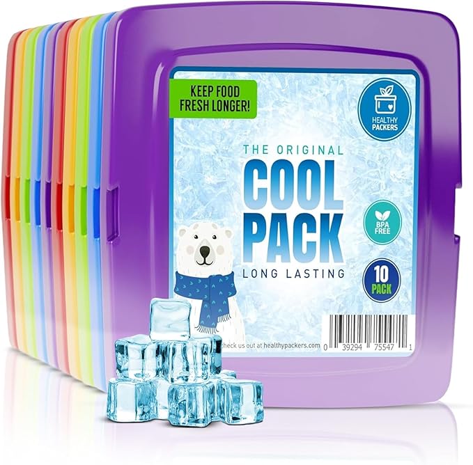 Healthy Packers® Reusable Ice Packs for Lunch Boxes Kids and Adults | Long‑Lasting Thin Freezer Packs for Coolers, Bento Boxes, Lunch Bags, Travel, School Meals, Meal Prep (10-Pack | Square)