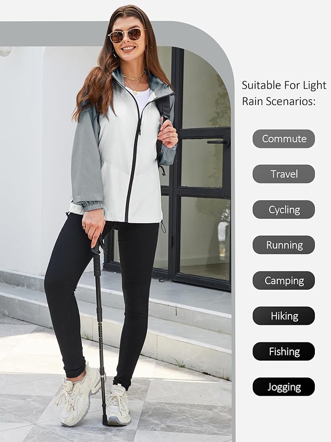 PITINAN Lightweight Rain Jacket Women Packable Wind Breaker Light Rain Jacket Women Waterproof Travel Raincoat S-XXL