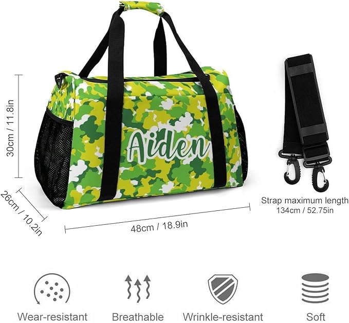 Custom Handheld Crossbody Travel Bag Camouflage Green Yellow Camo Lightweight Gym Bags Duffel Bag with Name Adjustable Shoulder Strap Backpacks