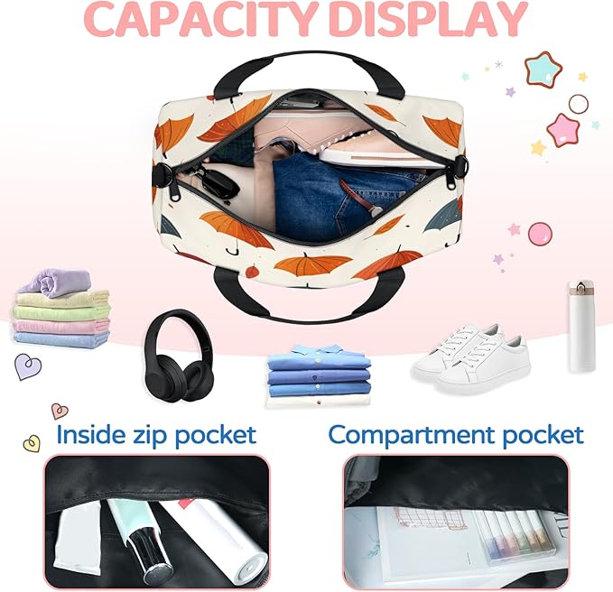 Umbrella Travel Duffle Bag for Women Men, Overnight Weekender Bag, Carry on Tote for Sport Gym
