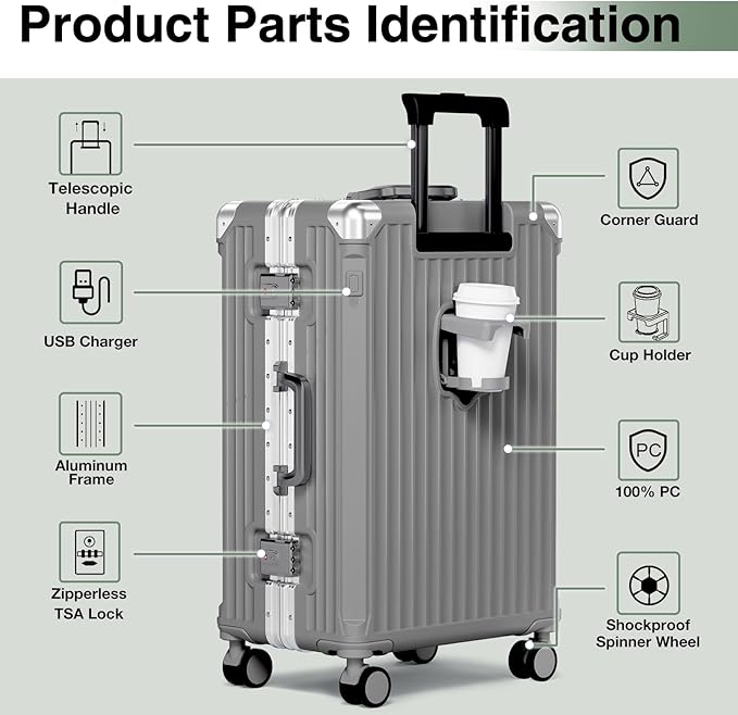 Krute No Zipper Carry On Luggage 20 Inch Suitcase with Wheels PC Aluminum Frame Zipperless Luggages with Cup Holder and Charger Hard Side TSA Approved Travel Suitcases