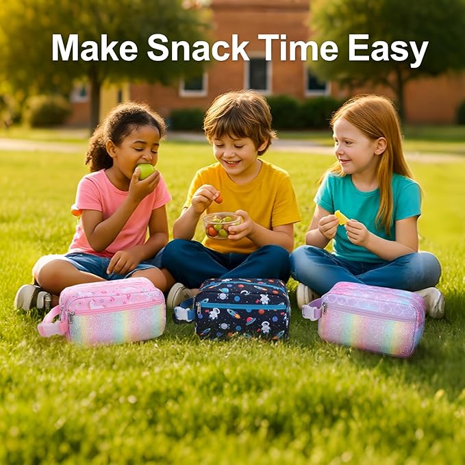 Bagseri Kids Snack Bag Boys - Small Reusable Mini Cooler Pouch, Insulated 3.9L Food Carrier with Buckle Handle for School and Daycare, Fits in Backpack, Blue Space Astronauts