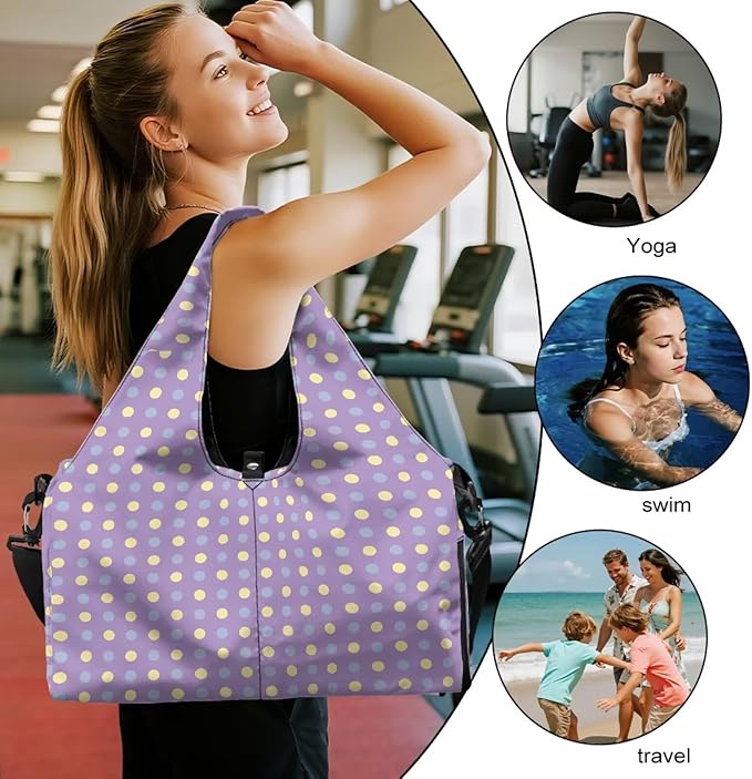 Purple Polka Dots Gym Bag for Women Mini Travel Duffel Bag for Airplane Overnight Hospital Workout Beach Swim Yoga Camping Organizer Lightweight Weekender Bag with Shoe Compartment