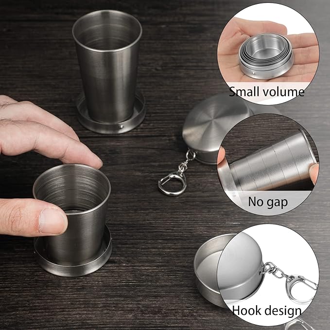 Tessco for you 6 Pieces Collapsible Shot Glasses Stainless Steel Collapsible Cup Reusable Portable Travel Folding Cup with Lid and Keychain for Camping Hiking Cycling(2.5 oz)