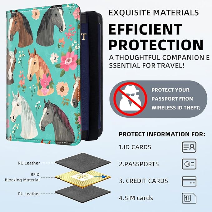 RFID Security Premium Passport and Travel Document Holder Combo, Slim PU Leather Folio Wallet with 3 Card Slots & Boarding Pass Pocket, Secure Elastic Closure Organizer, Horses in Teal with a Floral