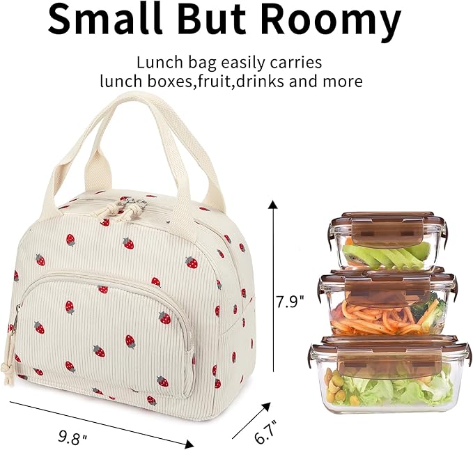 Lunch Bag Women Lunch Box for Women Adult Cute Insulated Lunch Bag Small Cooler Lunch Tote Bags for Work Picnic School (Beige-Strawberry)