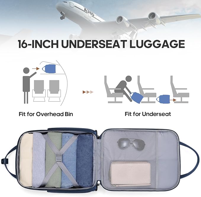 Carry-on Underseat 16-inch Luggage with Wheels, Softside Rolling Carry-on, Lightweight Travel Suitcase for Men Women, Personal Item Rolling Travel Bag