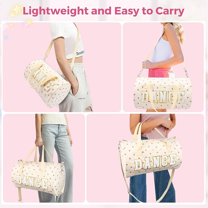 Dance Bag for Girls, KUIRAN 23L Waterproof Travel Duffel Bag with Colorful Chenille Letter, Lightweight Small Gym Sport Ballet Weekender Bag with Large Main Compartment - White/Gold