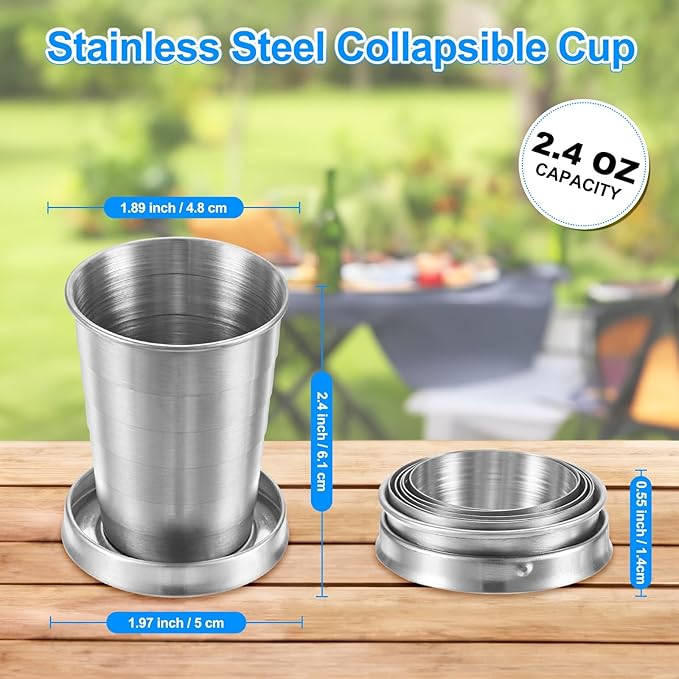 Stainless Steel Collapsible Travel Cup, 2.4oz(70ml) Reusable Collapsible Metal Cup Portable Foldable Water Bottle with Lid and Keychain for Travel/Camping/Hiking