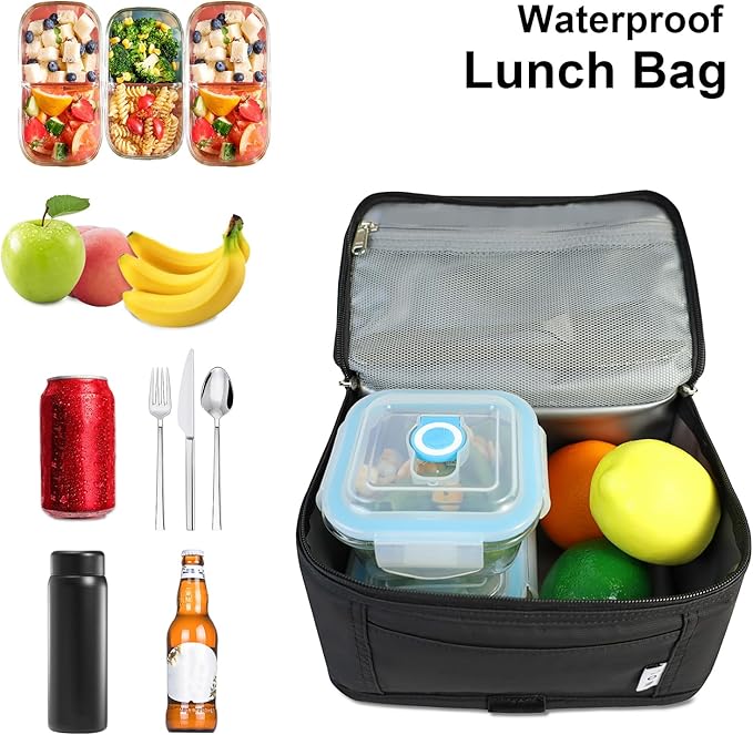 NOL Natural Organic Lifestyle Small Lunch Bag Mini Lunch Box Insulated Lunch Bag for Men/Women Leakproof Cooler Tote Bag Lightweight Nylon Waterproof Lunch Box For Work, Black