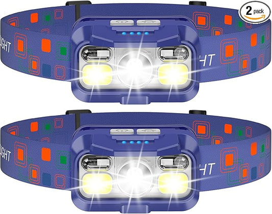 LHKNL Headlamp Rechargeable, Lumen Super Bright Motion Sensor Head Lamp Flashlight,2-Pack Waterproof LED Headlight with White Red Light,8 Modes Head Lights for Camping Cycling Running Fishing-Blue