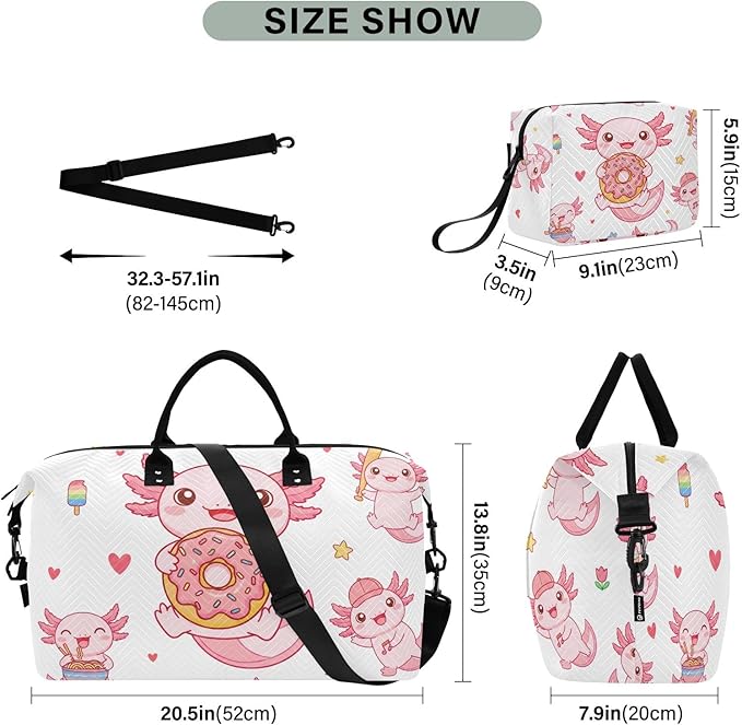 Travel Duffle Bag, Cute Axolotl Donut Gym Bag with Storage Bag Weekender Overnight Bag for Men Women Trip Sports Yoga