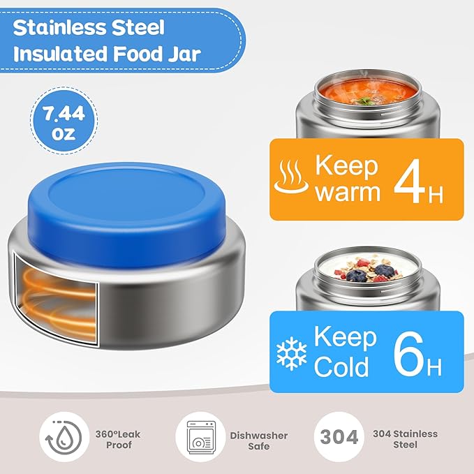 Stainless Steel Bento Box Kids Adult with 7oz Insulated Food Jar, Transparent Lid Metal Lunch Box With Soup Thermal Jar, Lunch Box Container with Removable Divider & Sauce Cup School (Blue)