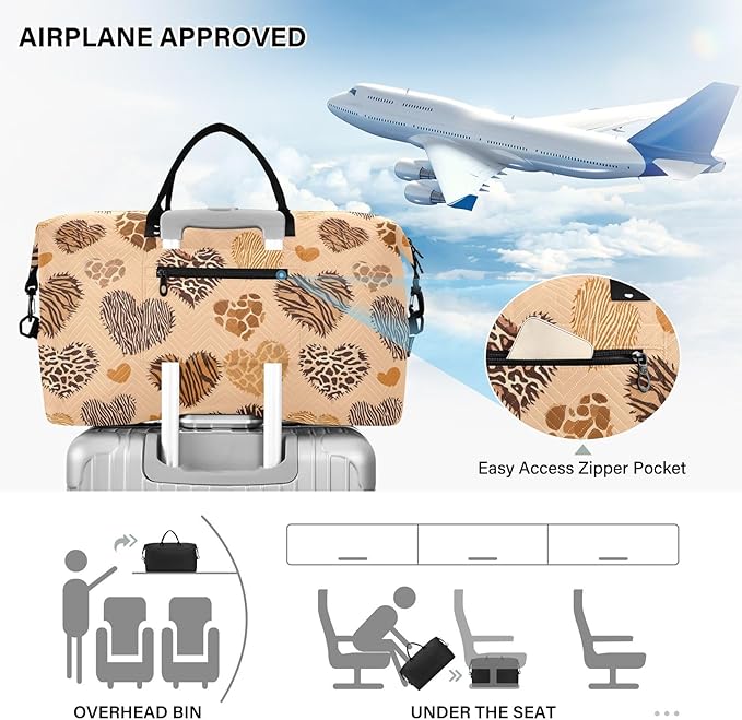 Travel Duffle Bag, Leopard Print Heart Gym Bag with Storage Bag Weekender Overnight Bag for Men Women Trip Sports Yoga