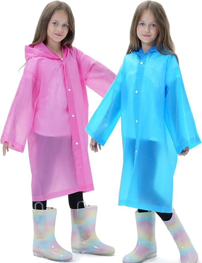 2 Pack Raincoats for Kids, Reusable Rain Ponchos with Hood and Sleeves Rain Coats for Boys and Girls