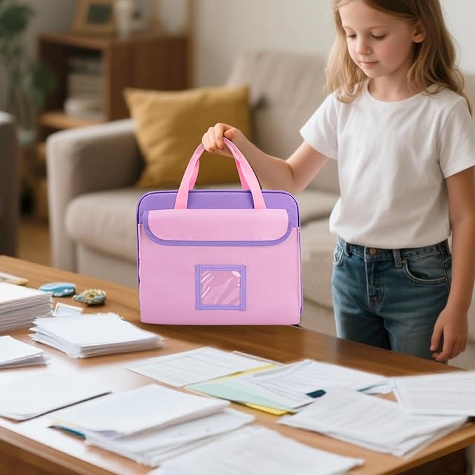 Zipper Document Bag for Boys and Girls, 9 Expandable Folders, Baby Portfolio Organizer Case with Customized Photo and Name Areas, Pink