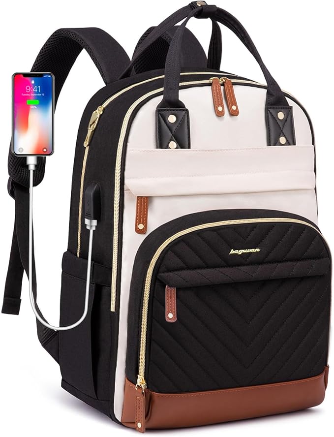 Laptop Backpack for Women College Bookbag - 17.3 Inch Fashion Travel Work Bag with USB Charger Anti-theft Business Backpacks for Nurse Teacher Beige Black Brown
