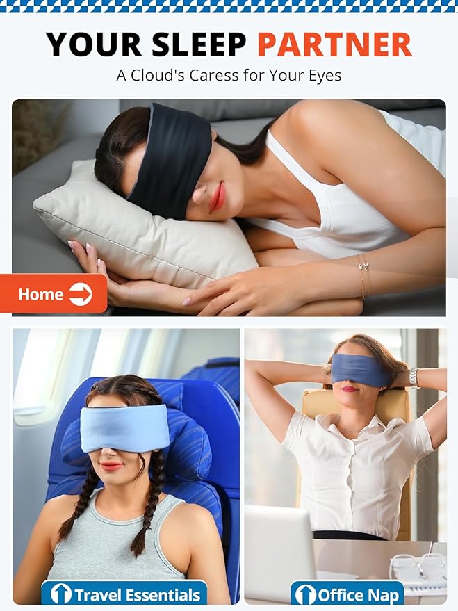 Sleep Mask, Eye Mask for Sleeping, Upgrade Double Side Blackout Eye Cover for Women Men, Light Blocking Wider Adjustable Band for Side Sleeper, Travel, Nap, Ultra-Soft, Yoga, Relief Eye, Black
