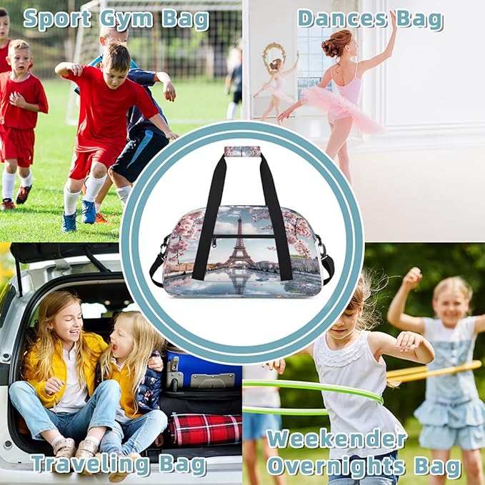 Gym Bag for Women Men, Paris Eiffel Cherry Blossom Travel Duffle Bags for Dance Ballet Overnight, Carry-On Weekender Bag with Detachable Shoulder Strap