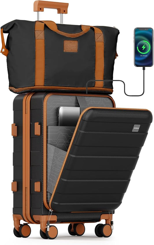 imiomo Carry on Luggage Airline Approved with Front Pocket and USB Port, Hard Shell 20 Inch Travel Carry-on Suitcase with Spinner Wheels and TSA Lock, Black