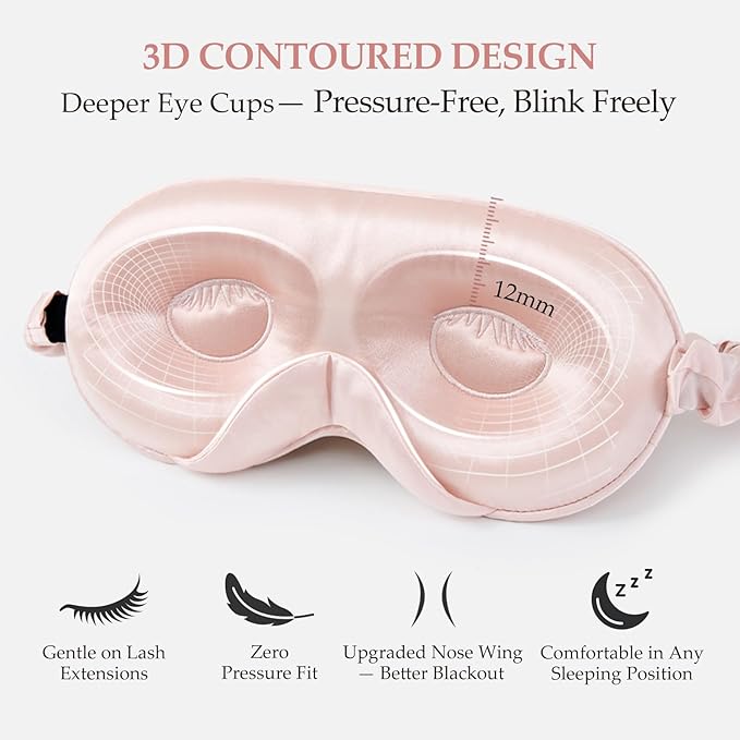 100% 22 Momme Mulberry Silk Sleep Mask with Adjustable Strap, 3D Contoured Cup Silk Eye Mask for Sleeping, Total Black Out, Pink