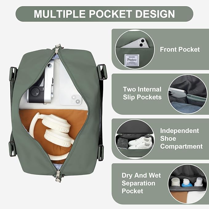 Travel Duffel Bag, 18x14x8 Inches Travel Bag Spirit with Shoes Compartment, Weekender Overnight Bag for Women with Trolley Sleeve, Carry On Bag for Airplanes Sport Tote Gym Bag(Green)