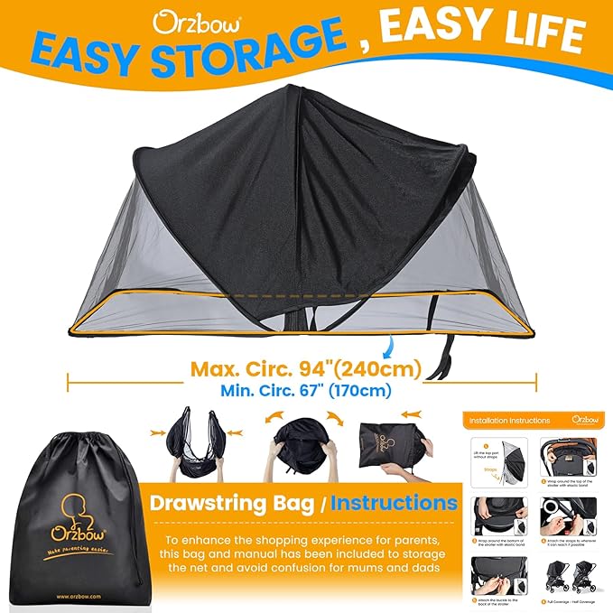 Orzbow Baby Mosquito Net with Sun Shade UPF50+ for Stroller, Universal Stroller Mosquito Netting Privacy Cover with Two-Way Zipper and Storage Bag for Car Seats, Bassinets, Cradles, Mini Cribs, Black