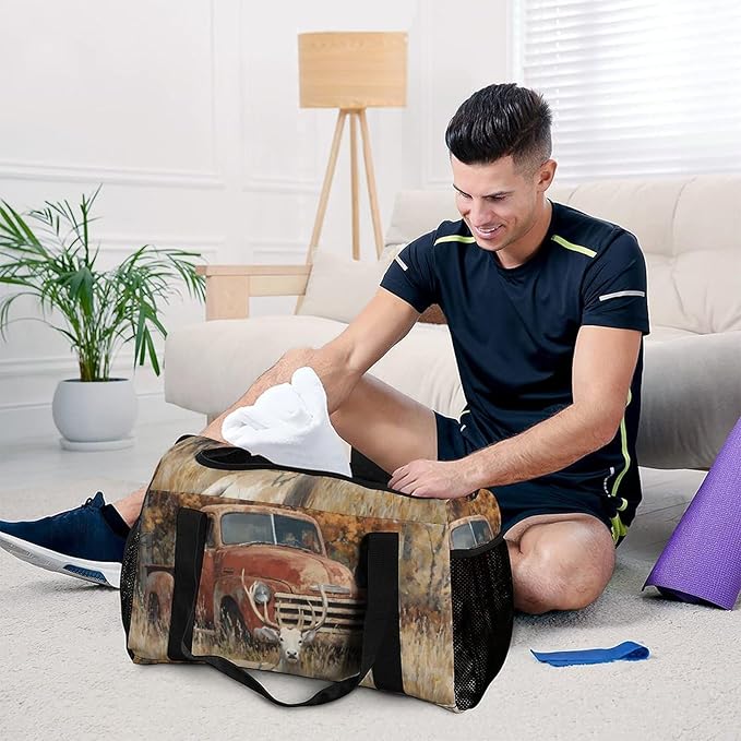 Old Truck Deers Autumn Forests Duffle Bag Gym Bag for Workout Travel Tote with Detachable Straps