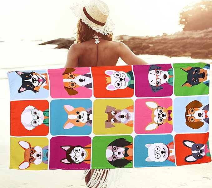 LIVILAN Dog Beach Towel, Playful Pups Design, Soft Quick-Dry Microfiber, Sand-Free 24" x 48" Small for Pool, Bath, Swim, Ideal for Women, Girls, Kids, Perfect Home Decor & Gift