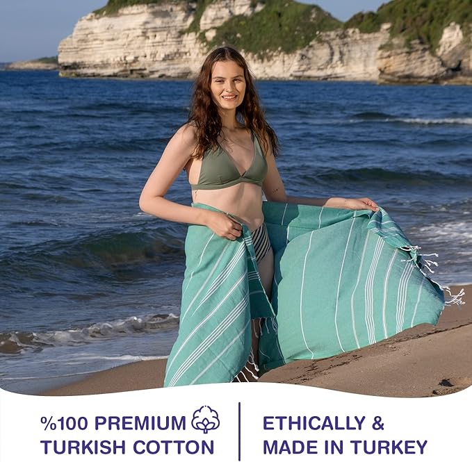 Turkish Beach Towels, Pack of 6 | Oversized, Quick Dry, Sand Free | 100% Cotton, Large 38x71 Towels for Beach, Pool, Travel | Ultra-Soft, Compact, and Absorbent | Green