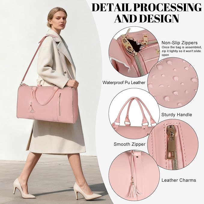 Geestock Garment Bag for Travel, Convertible Carry On Garment Duffle Bags for Women with Shoe Pouch & Detachable Shoulder Strap, Large PU Leather, 2 in 1 Hanging Suitcase Dress Suit Travel Bag, Pink