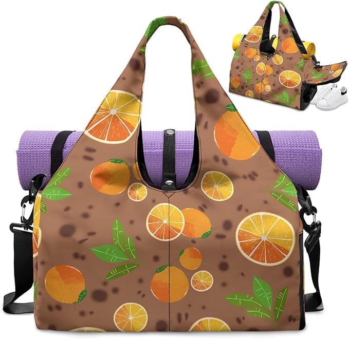 Orange Print Travel Duffel Bags for Women with Yoga Mat Strap, Lightweight Brown Gym Bag with Shoe Compartment Wet Pocket Fitness Stylish Sport Tote Bag