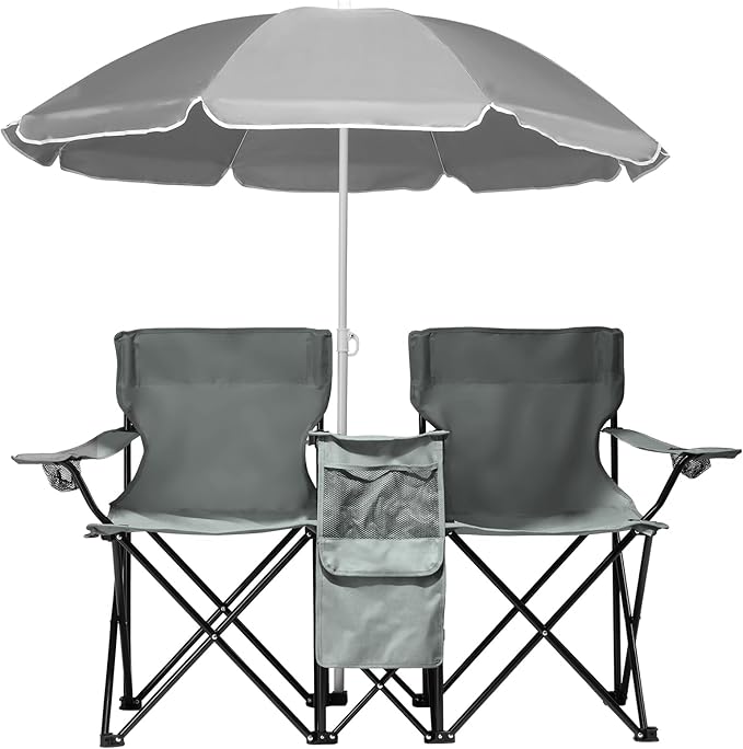 Double Folding Camping Chair W/Umbrella Fold Up Table Beverage Holder Carrying Bag Cooler for Patio Pool Park Outdoor Beach, Picnic, Portable (Grey)