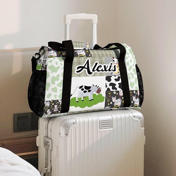Green Lattice Patchwork Cow Print Waterproof Duffel Bag Adjustable Shoulder Strap Perform Training Travel Bag for Teens Adults Women Men Tote Bag