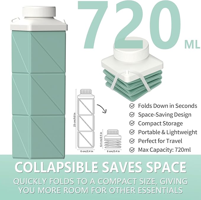 Collapsible Water Bottles 24.3oz, Foldable Travel Water Bottle, Portable & Lightweight, Leakproof & Reusable for Traveling Camping Hiking Sports Outdoor School Office, 2 Pack, Green+Starlight