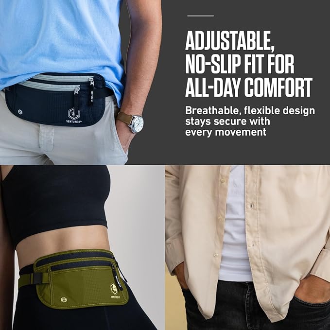 VENTURE 4TH Money Belt for Travel – Hidden Under-Clothes RFID Blocking Passport Holder & Slim Travel Wallet Pouch for Men & Women to Protect Cash, Cards & Documents (Beige)