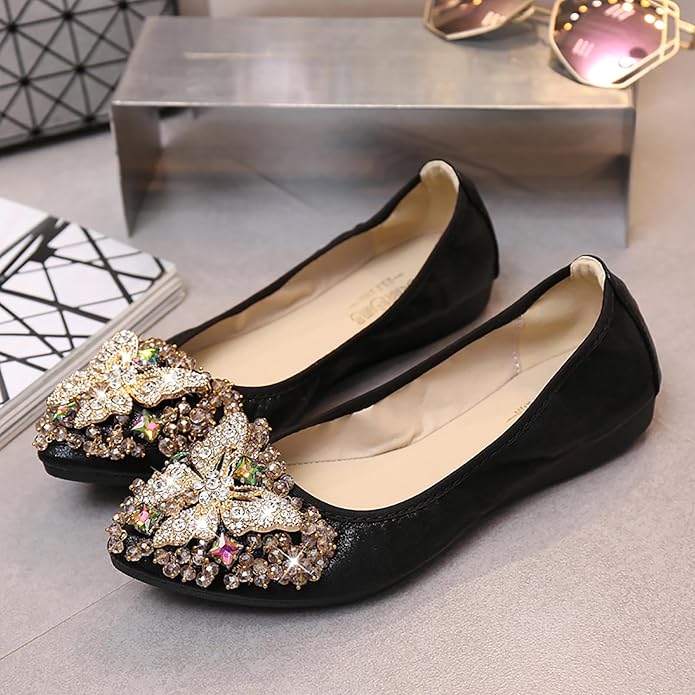 Women Ballet Flats Sparkly Rhinestone Wedding Ballerina Shoes Pointed Toe Foldable Comfort Slip on Flat Dress Shoes