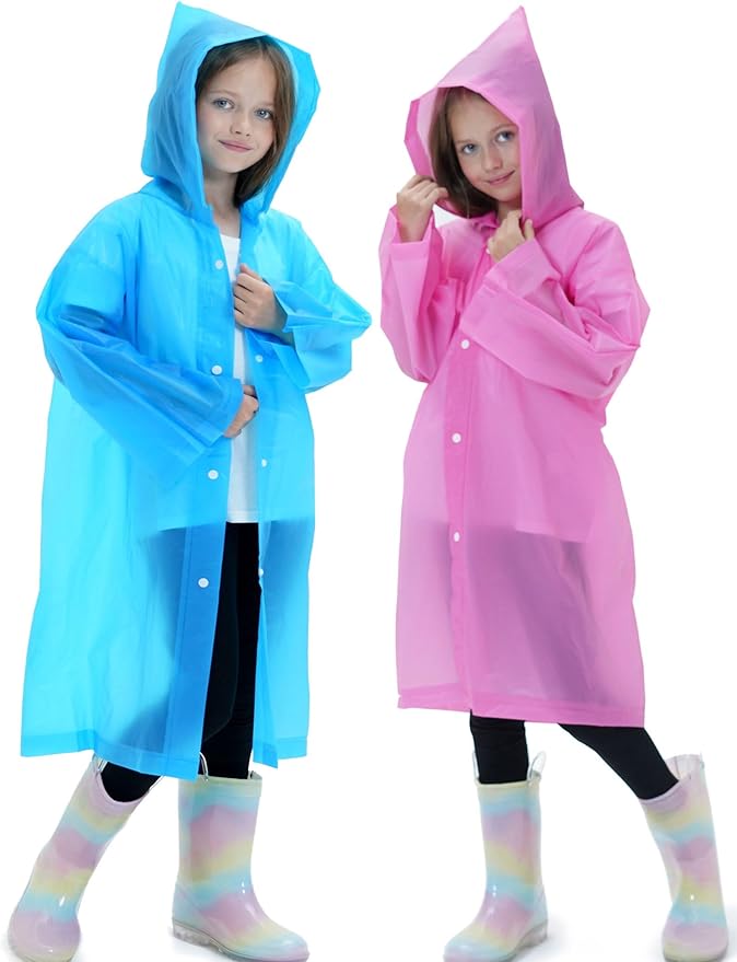 2 Pack Raincoats for Kids, Reusable Rain Ponchos with Hood and Sleeves Rain Coats for Boys and Girls