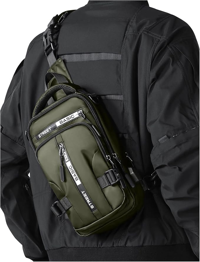 SEAFEW Small Sling Crossbody Backpack Shoulder Bag for Men, Lightweight One Strap Backpack Sling BacK pack for Hiking Walking Biking Travel Cycling USB Charger Port-Nylon (Olive Green)
