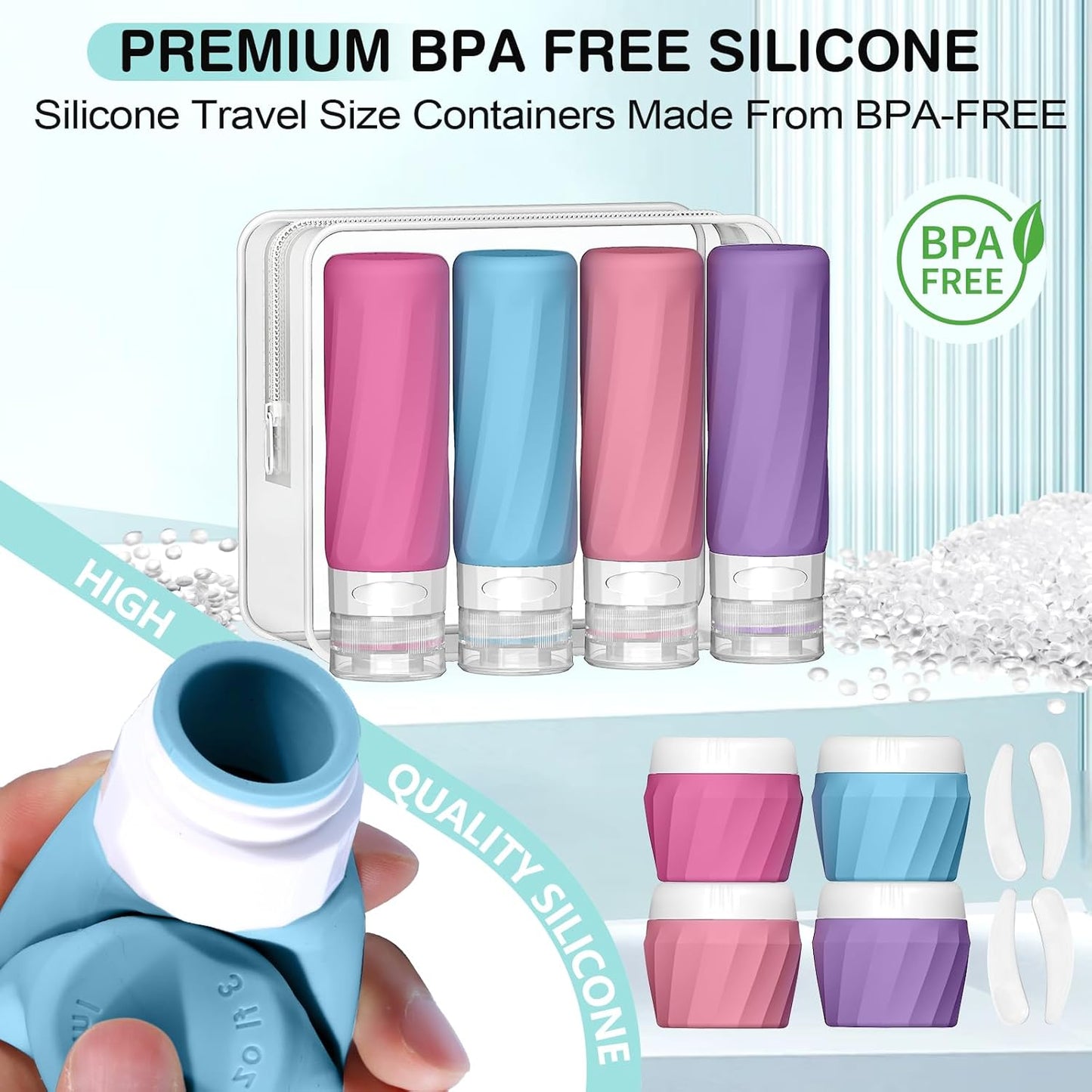 14pack Travel Bottles for Toiletries, TSA Approved Travel Size Toiletries Containers Set, Premium Silicone Leak Proof Refillable Bottles & Creams Jars Accessories Kit W/Clear Bag (Vibrant)