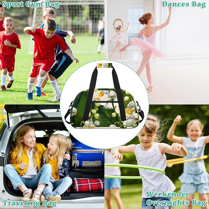 Lovely Lily of the Valley Gym Travel Duffle Bag for Women & Men with Front Zipper Pocket for Sports, Overnight, Weekender, Carry On,Workout & Dance Bag,Cute White,18.9 * 8.7 * 10.6 in
