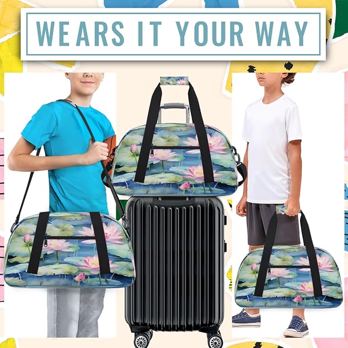 Duffle Bag for Women Men, Pink Lotus Blue Pond Gym Bag for Travel Sports, Lightweight Waterproof Weekender Overnight Bags with Adjustable Strap