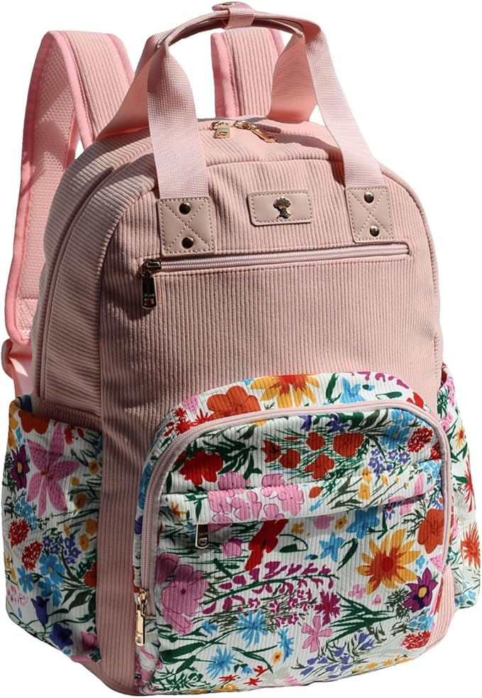 Diaper Bag Backpack, Large Capacity Multifunction Baby Essentials Fashion Travel Pack Linen Canvas office Laptop Bag (Corduroy A Pink Flower)