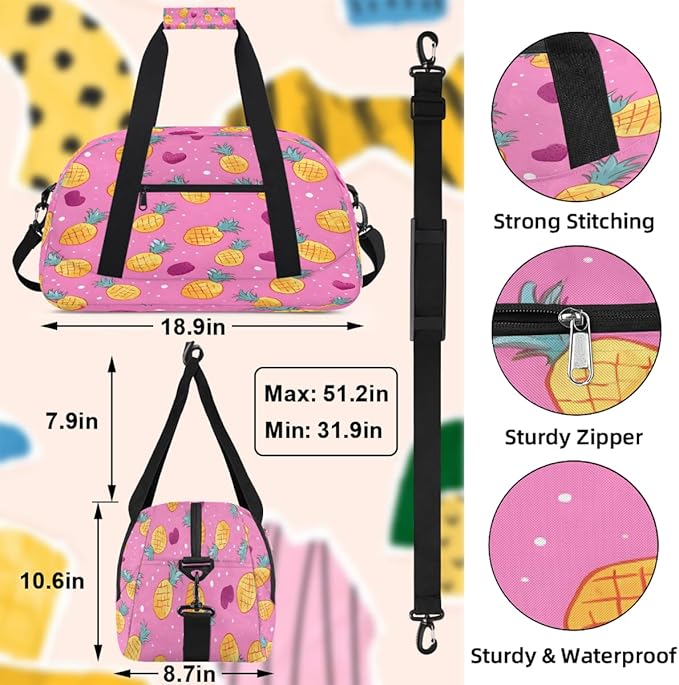 Duffle Bag for Women Men, Pink Pineapple Heart Gym Bag for Travel Sports, Lightweight Waterproof Weekender Overnight Bags with Adjustable Strap